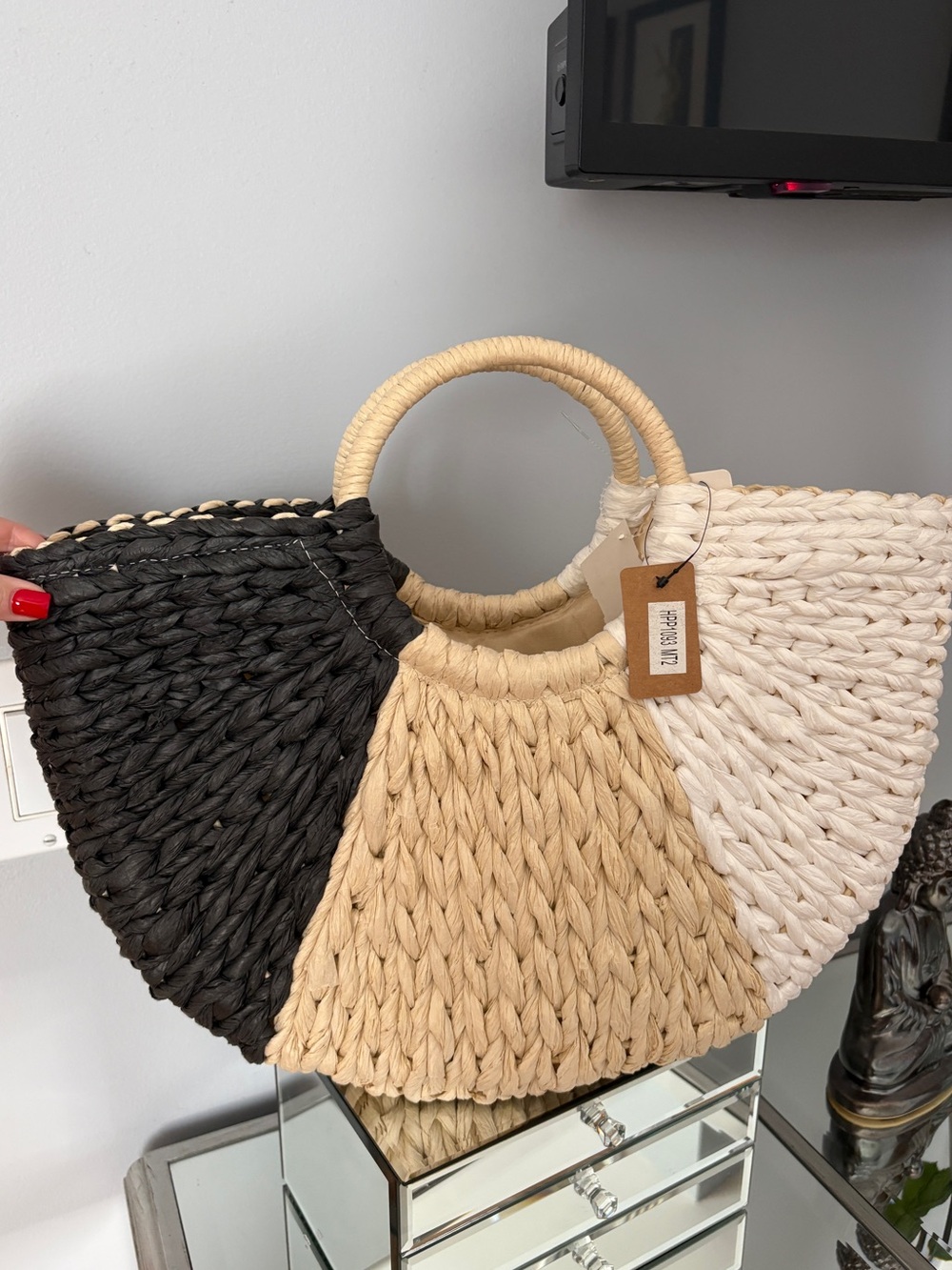Woven Colorblock Straw Tote Bag — Black, Tan & Cream